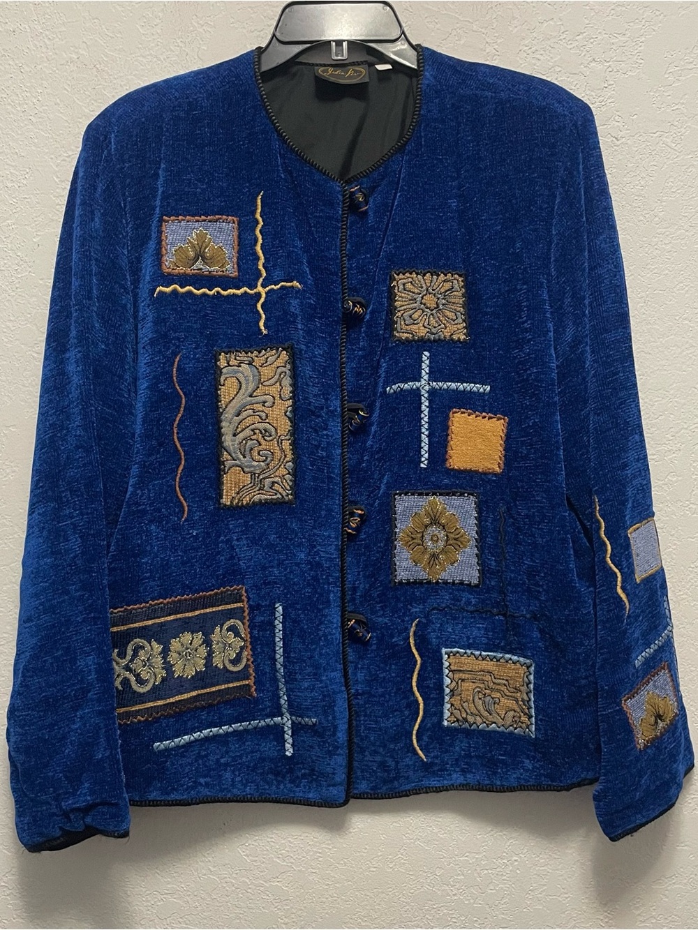 Julia Kim L Women's Bright Blue Patchwork Applique Art Wear Jacket